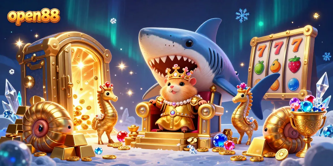 Experience thrilling moments at open88 with a vibrant casino scene featuring a golden hamster king and treasure.