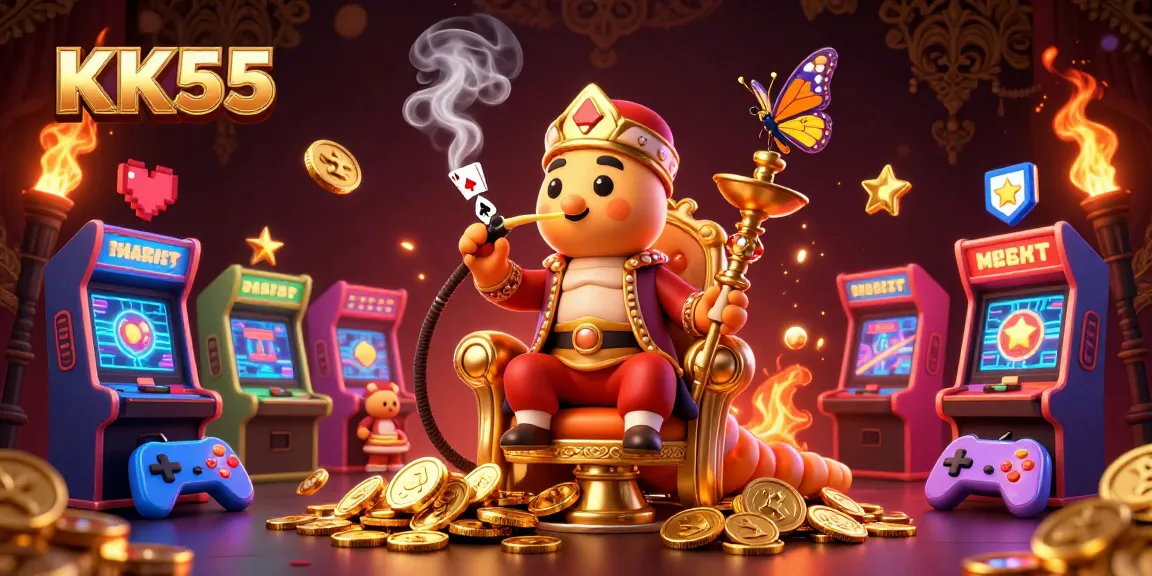 KK55 offers a vibrant scene with a caterpillar hookah-master surrounded by casino elements.