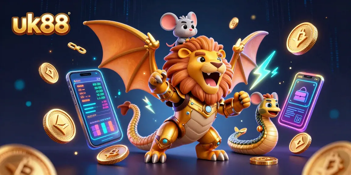 Feel the thrill with uk88 as a golden chimera creature soars around swirling crypto elements in a vibrant casino world.