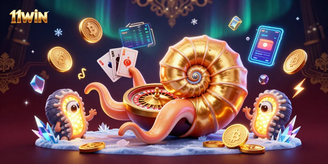 Experience thrilling gaming with 11WIN in this vibrant casino scene featuring a giant nautilus and crypto symbols.