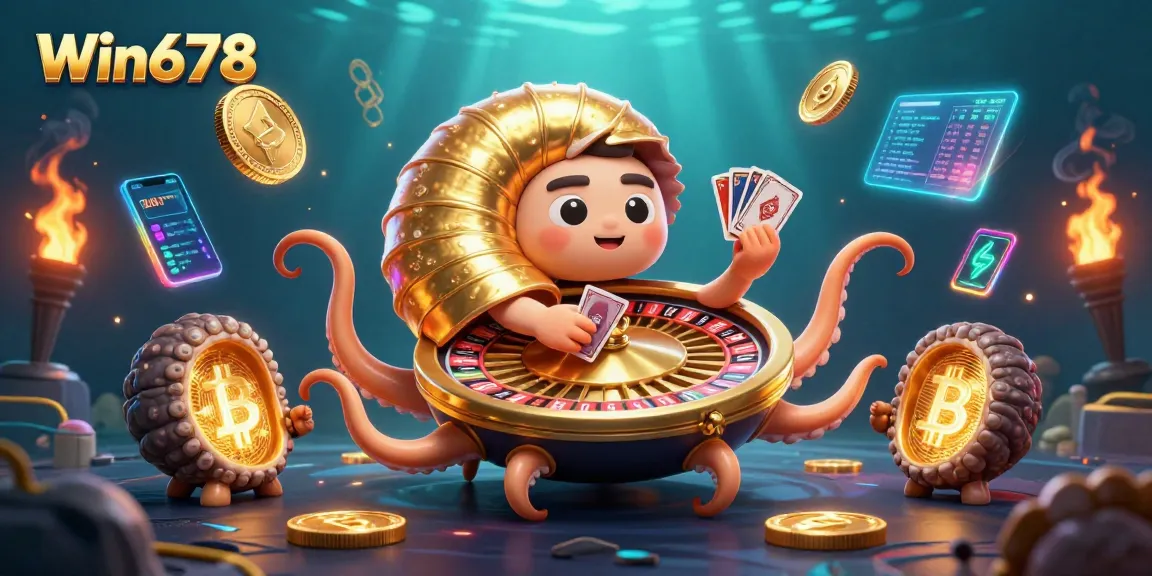 Win678 showcases an immersive gaming experience with a 3D nautilus holding cards and crypto coins.