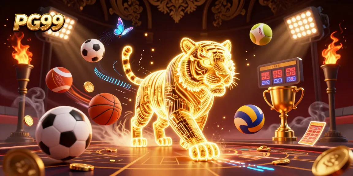 Experience the thrill at PG99 with a dynamic digital casino scene featuring sports elements and a golden tiger.