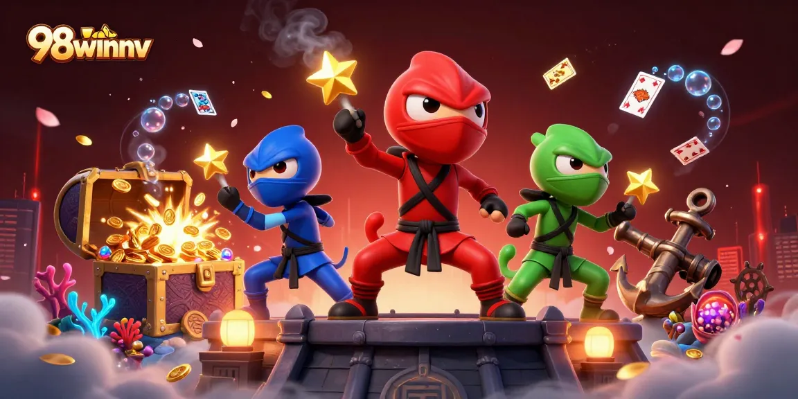 Experience thrilling gaming with 98winnv featuring colorful chameleon ninjas and gold coins.
