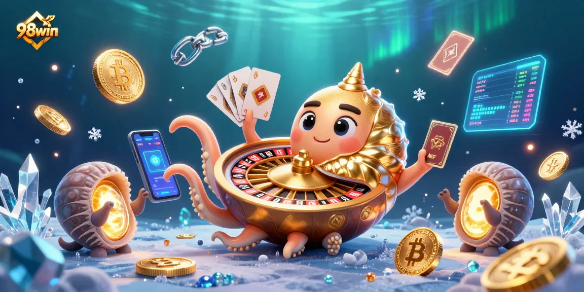 Play exciting games and win with 98win, featuring a vibrant 3D scene of a giant nautilus and crypto elements.