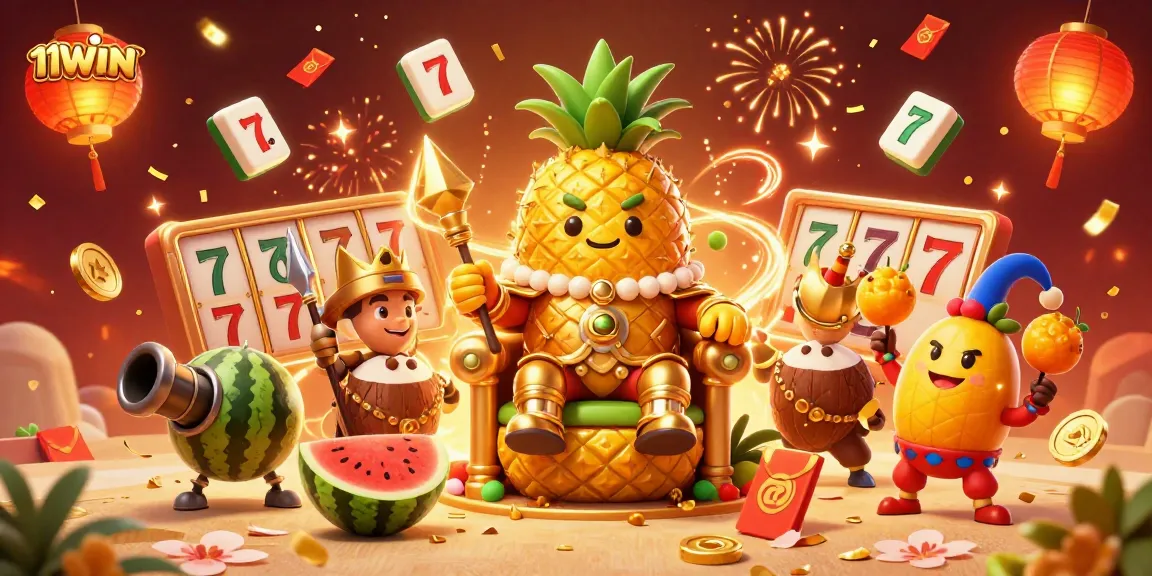 Play with the golden pineapple king and dynamic slot elements in a festive scene celebrating 11WIN.