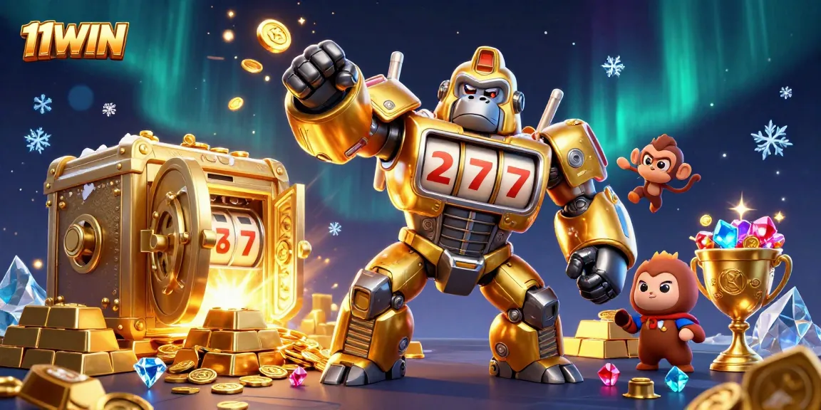 Experience thrilling wins with 11WIN's golden gorilla mech amidst treasures and jackpots.