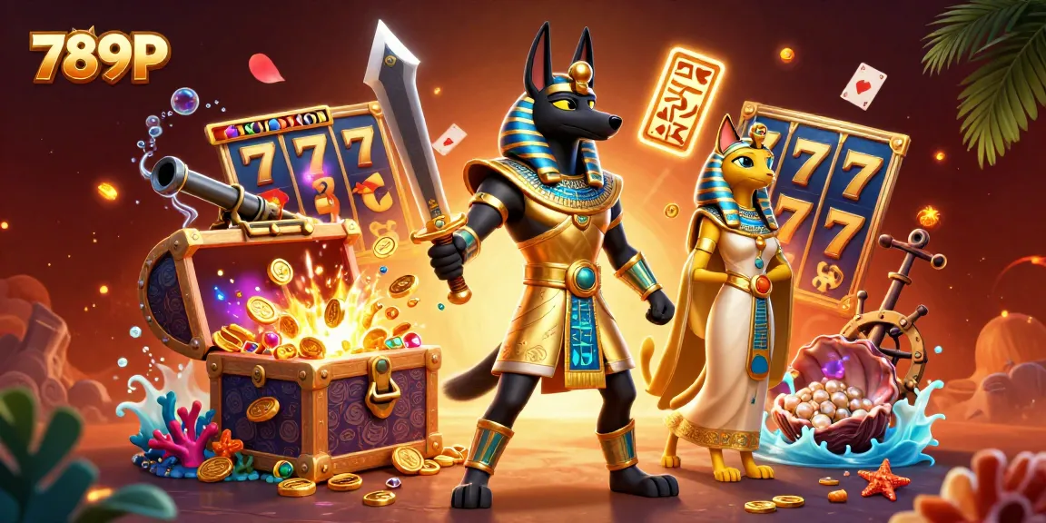 Experience the excitement of 789P with Anubis and Bastet in a vibrant 3D casino scene.