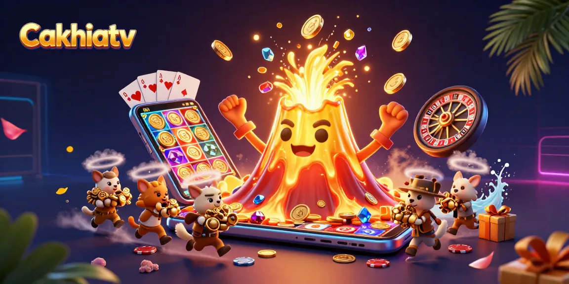 Cakhiatv showcases thrilling online gambling features amidst erupting treasures and vibrant casino elements.