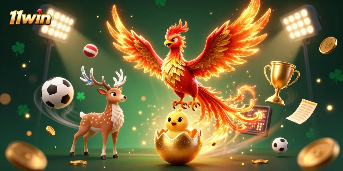 Experience thrilling action with 11WIN's vibrant 3D illustration of a phoenix and sports elements.