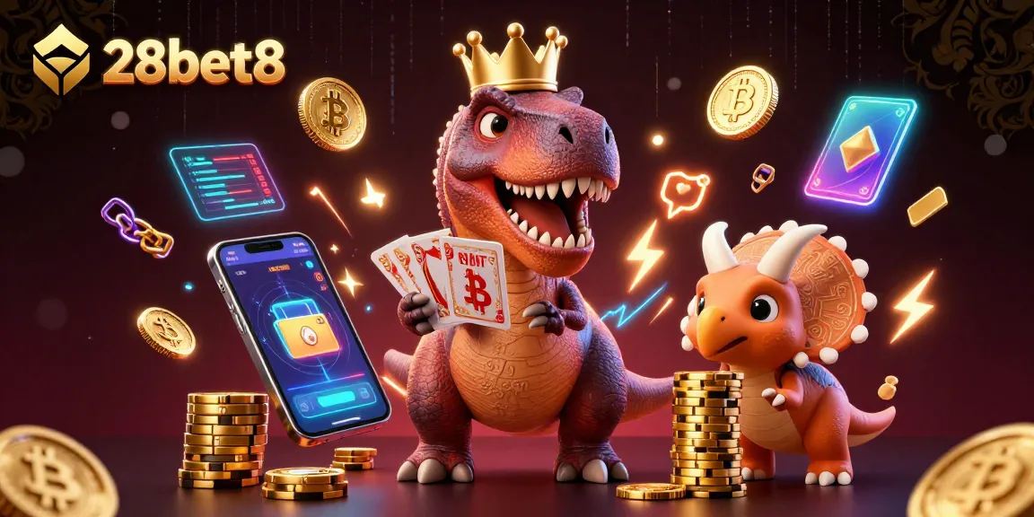 Experience thrilling gaming with 28bet8 featuring a T-Rex shuffling cards and a baby triceratops stacking chips.