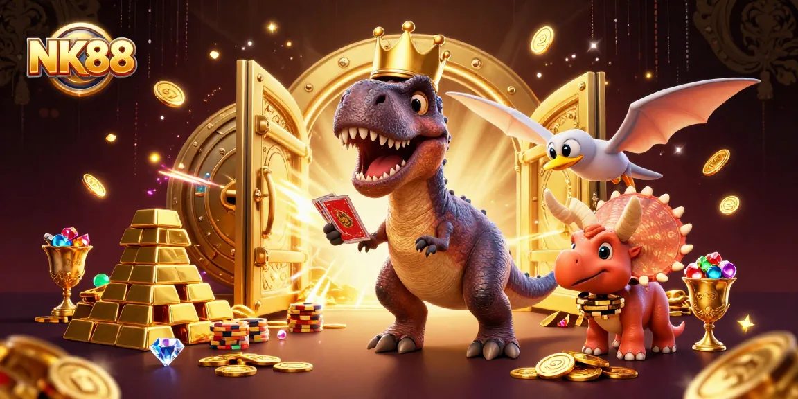 Engage with NK88 as T-Rex plays cards with help from pterodactyl, amidst a treasure-filled casino setting.