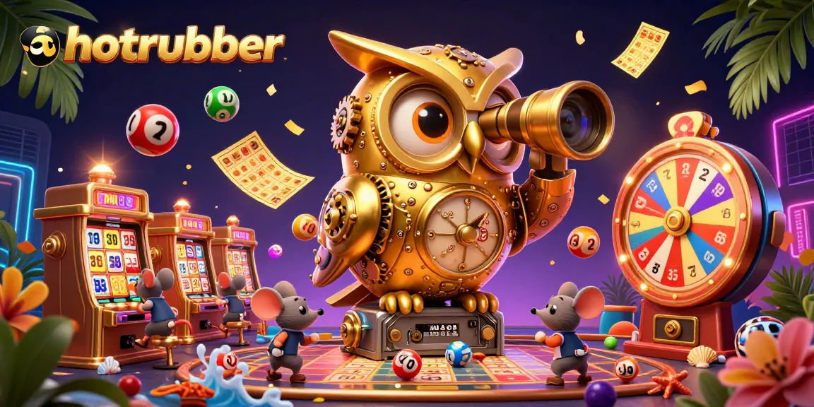 hotrubber showcases a vibrant casino scene with a golden owl and lively elements during gameplay.