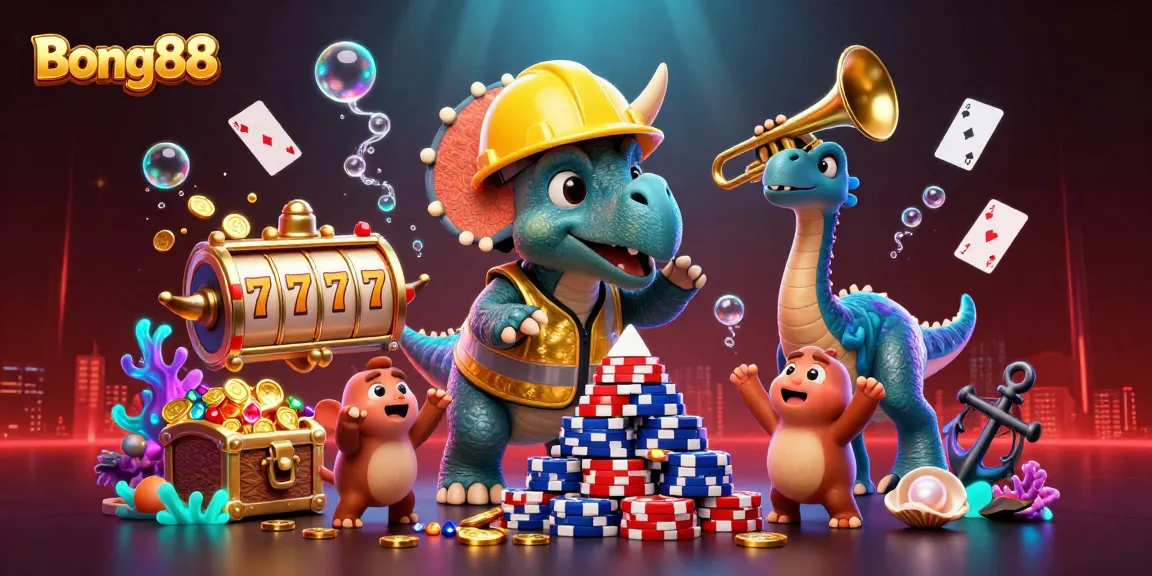 Bong88 brings excitement as a triceratops builds poker chips, celebrated by colorful underwater elements.