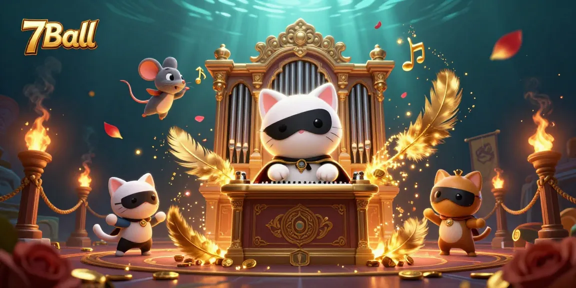 Win big at 7Ball with this captivating casino scene featuring a masked cat organist!