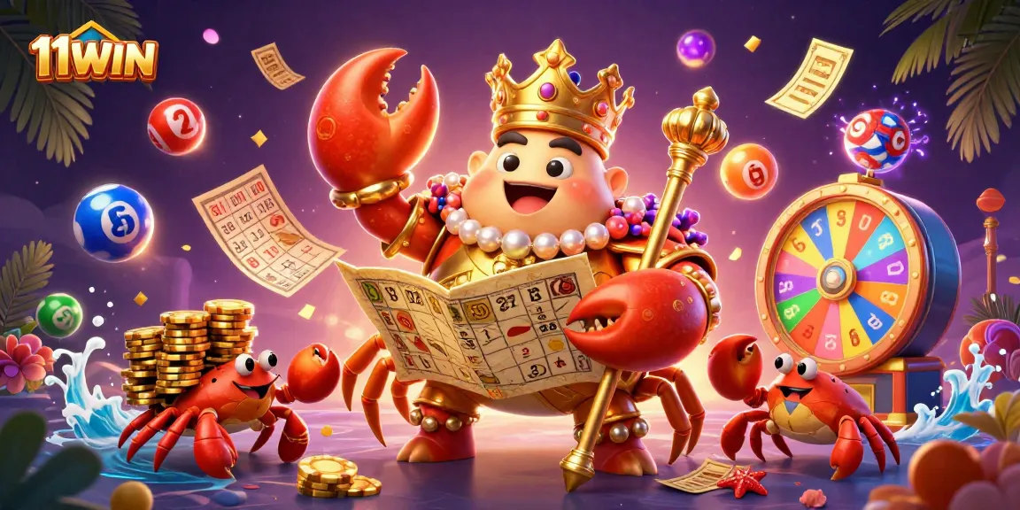 Engage in thrilling gameplay with 11WIN's golden crab emperor surrounded by vibrant lottery elements.