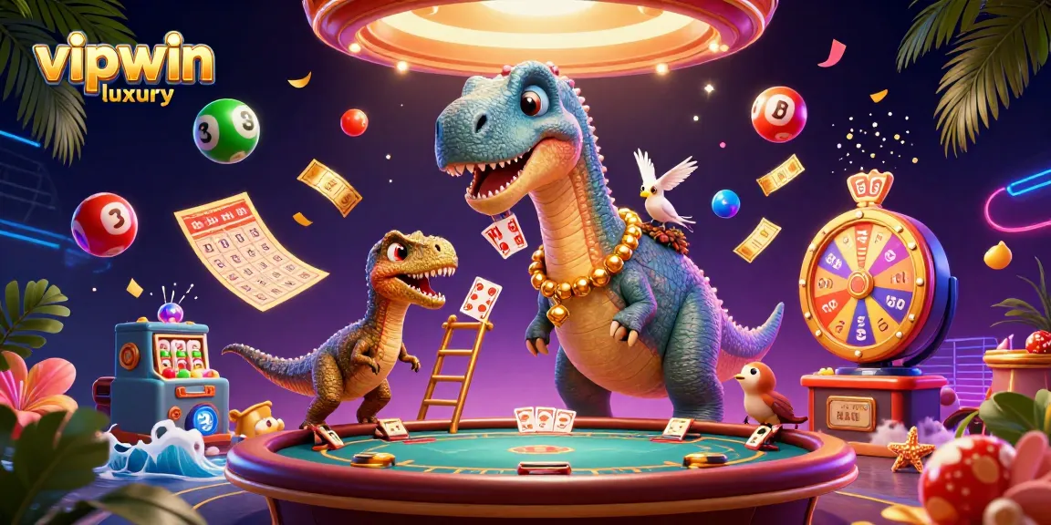 Experience the vibrant world of vipwin luxury with a playful 3D dinosaur card dealer in an engaging casino setting.