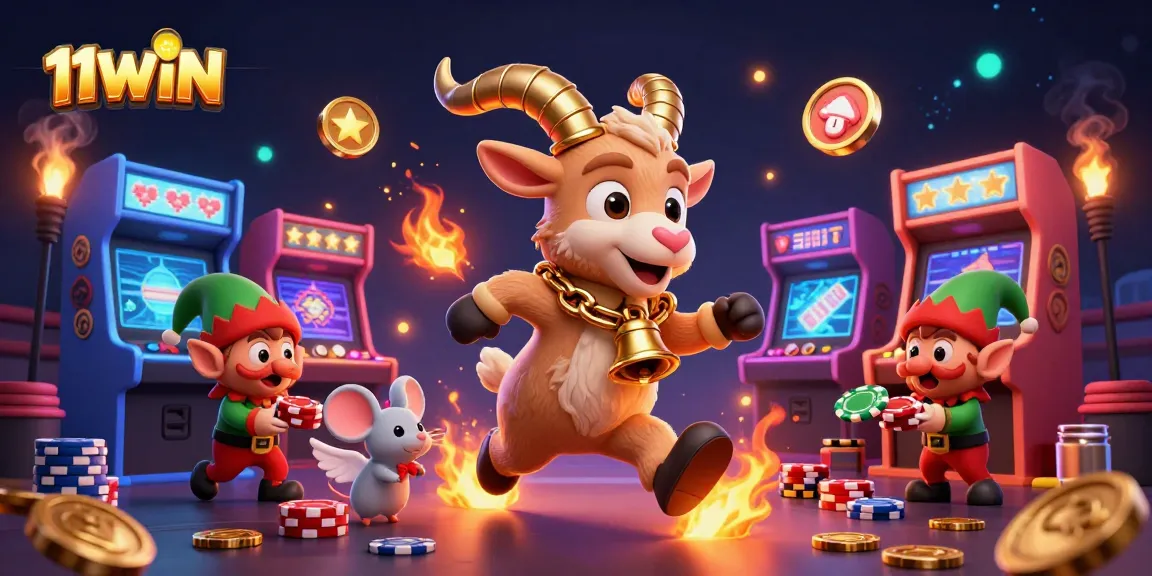 Engage in the thrilling world of 11WIN with a vibrant casino illustrating a Krampus goat overseeing action.