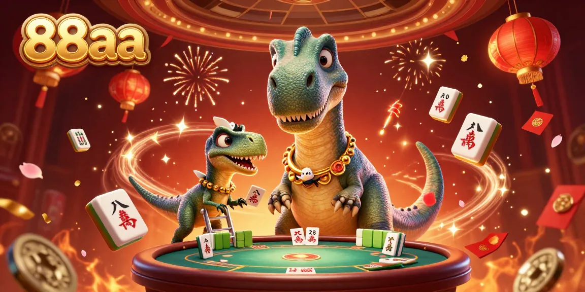 Engage with vibrant gameplay at 88aa featuring a playful brontosaurus and raptor in a festive casino scene.