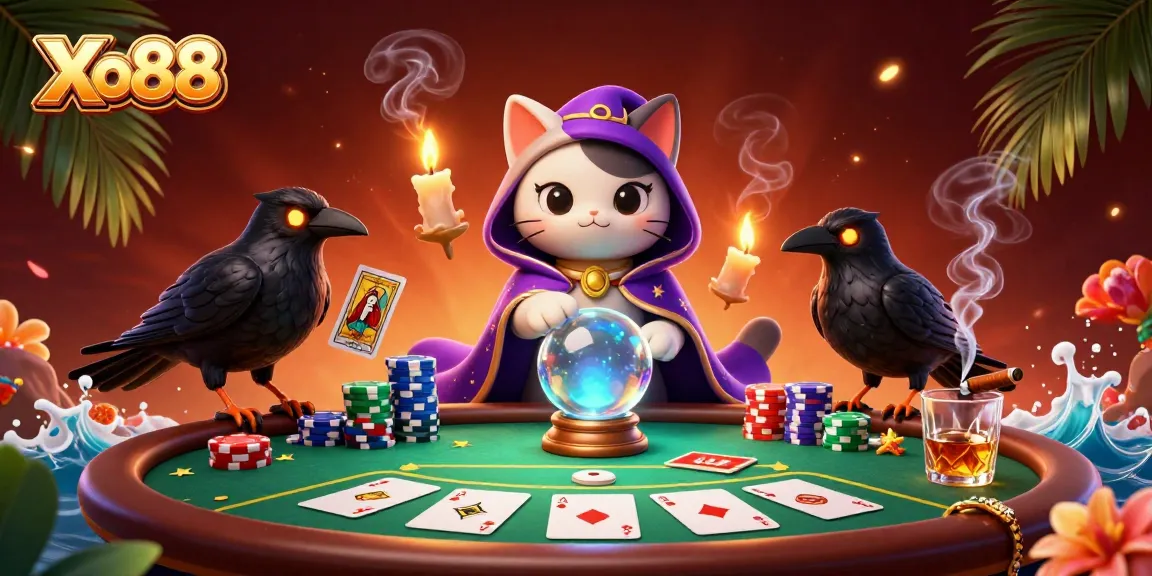 Xo88 fortune teller cat and raven creating a mystical poker scene with vibrant casino elements.
