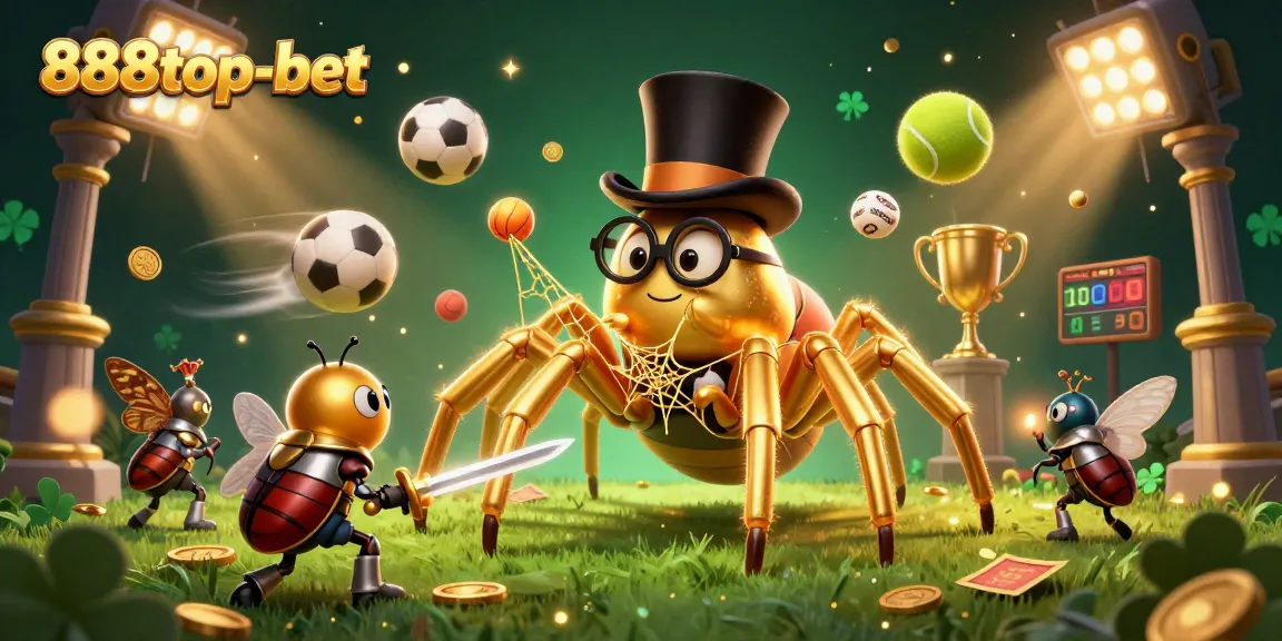 Engage with thrilling action at 888top-bet's vibrant gaming scene featuring a golden tarantula and sports elements.