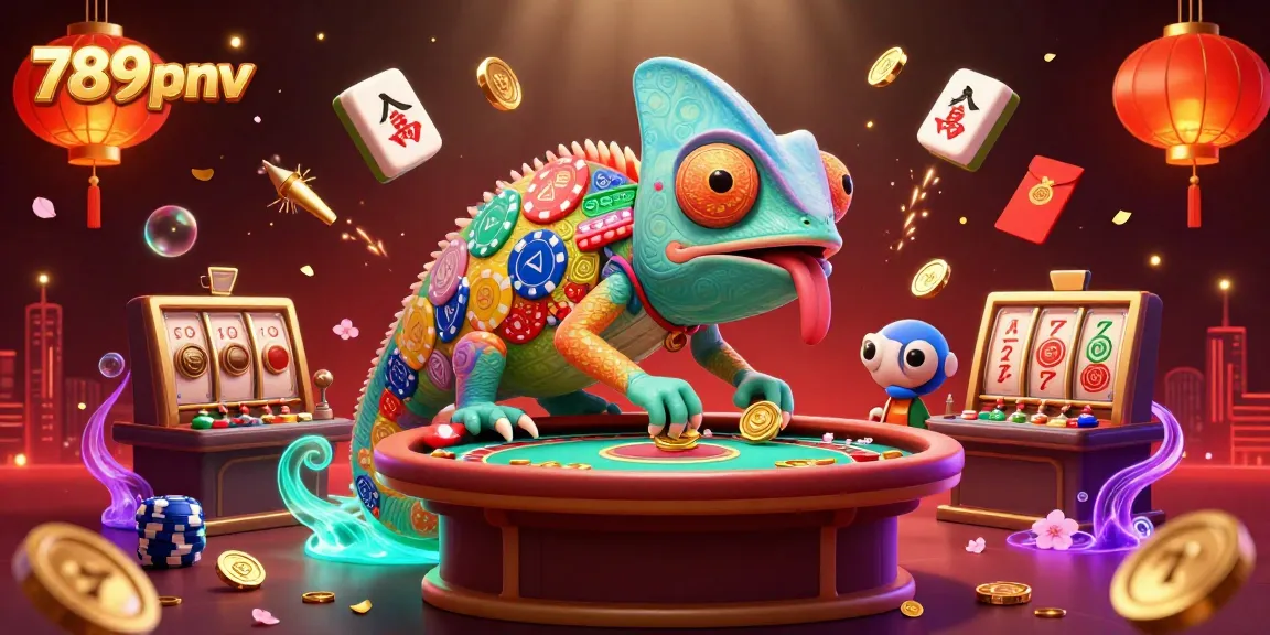 Engage in thrilling games at 789pnv with a vibrant 3D casino illustration of a chameleon exploiting winning moments.