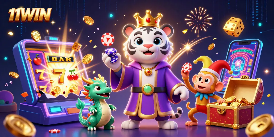 Experience the thrilling excitement of 11WIN with a dynamic casino scene featuring lively characters and winning elements.