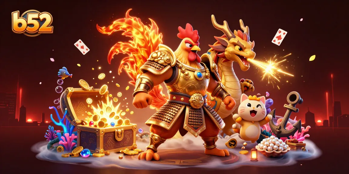 Engage in thrilling gameplay with b52's vibrant casino illustration featuring dynamic characters and rich visuals.