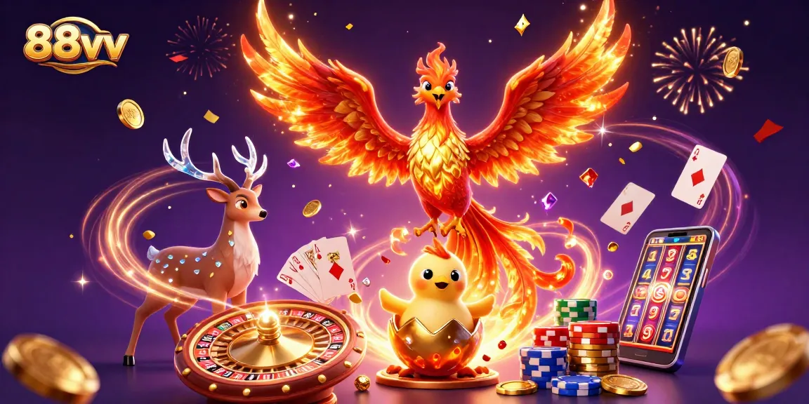 Experience excitement with 88vv as the phoenix rises amid sparkling gems and casino thrills.